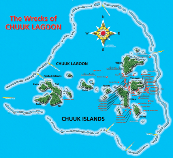 mapa cementerio marino del lago Truk en Micronesia