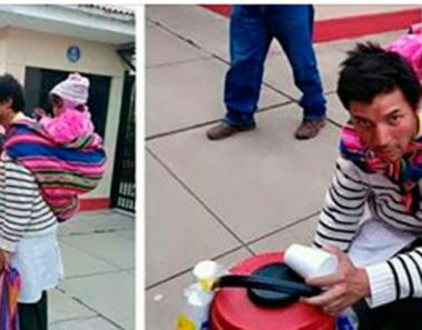 Padre vende desayunos con su bebé cargada en la espalda – ahora sus fotos causan admiración